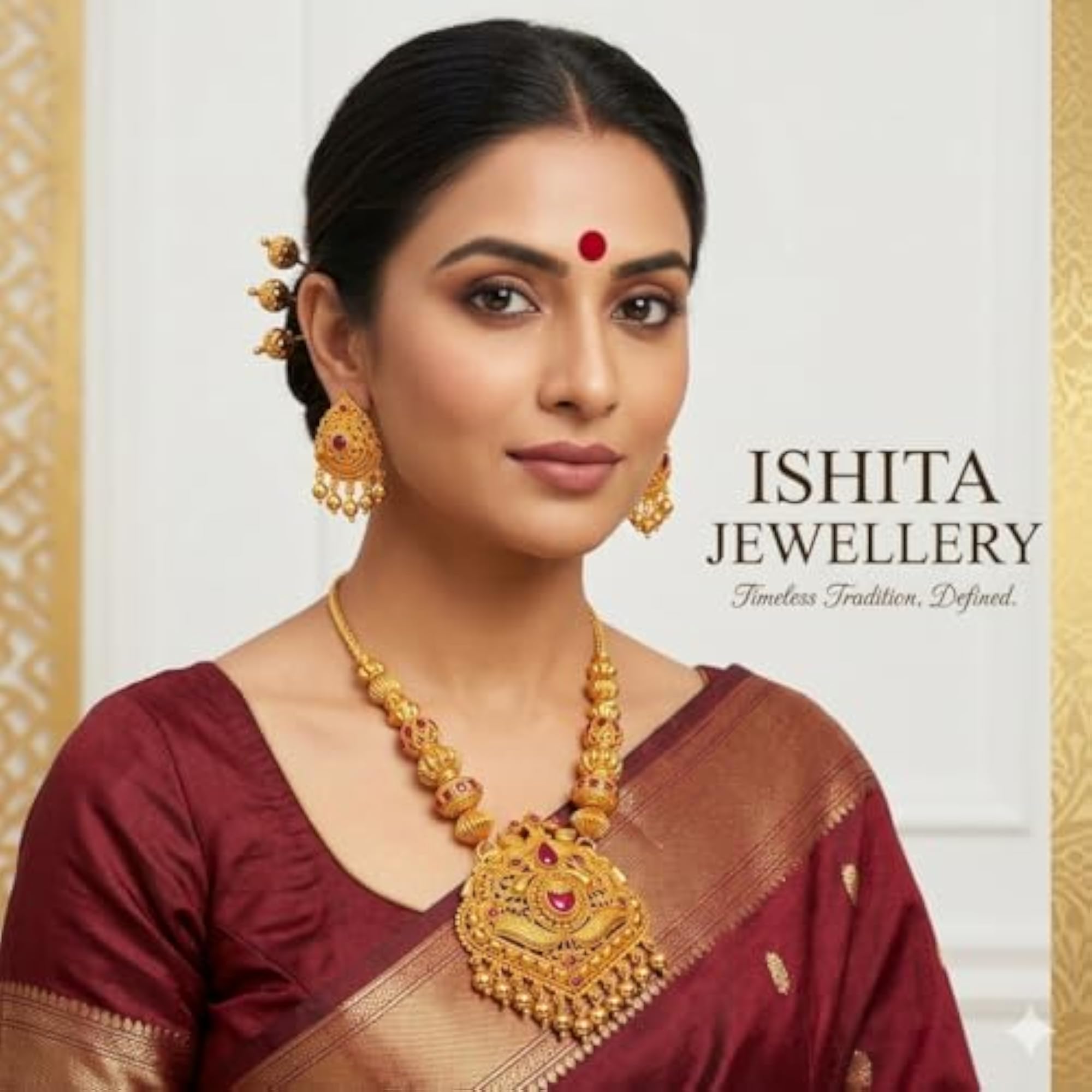 Traditional Golden Haar Necklace Set, Gold Plated Copper